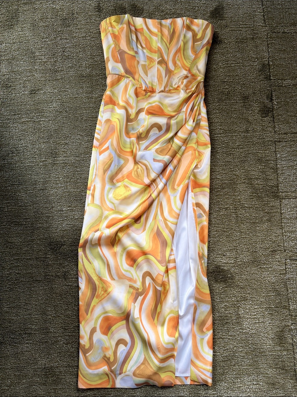 Bardot Strapless Swirl Maxi Dress in Orange and Yellow
